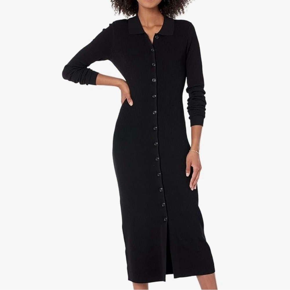 Black Button-Up Midi Dress Rib Button Down Sweater Dress